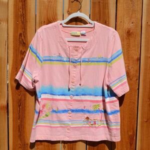 Vintage 1990s Onque Casuals Pink Island Print Button Up Short Sleeve Knit Shirt